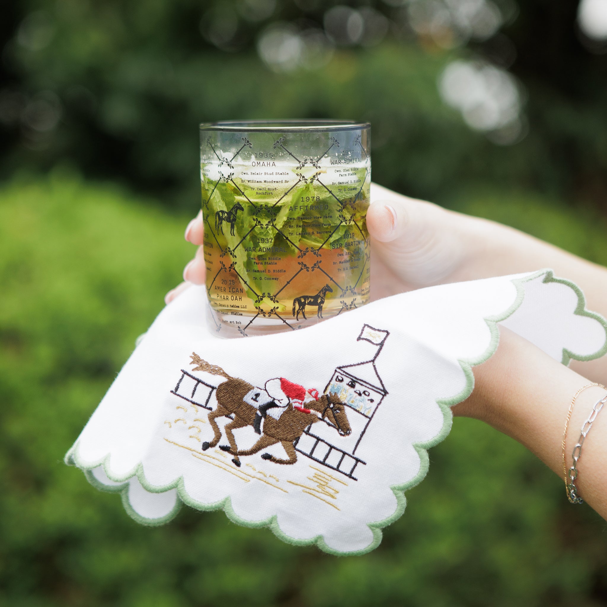 At the Finish Embroidered Equestrian Horse Racing Cocktail Napkins with Green Scalloped Edge
