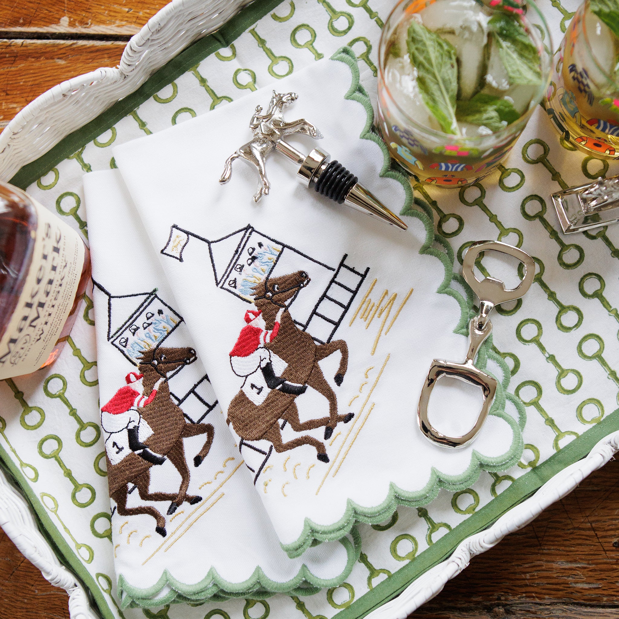 At the Finish Embroidered Equestrian Horse Racing Cloth Napkins with Green Scalloped Edge