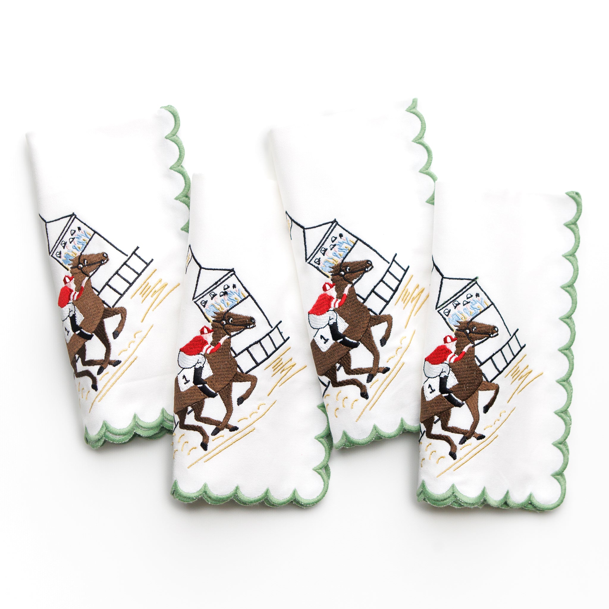 At the Finish Embroidered Equestrian Horse Racing Cloth Napkins with Green Scalloped Edge