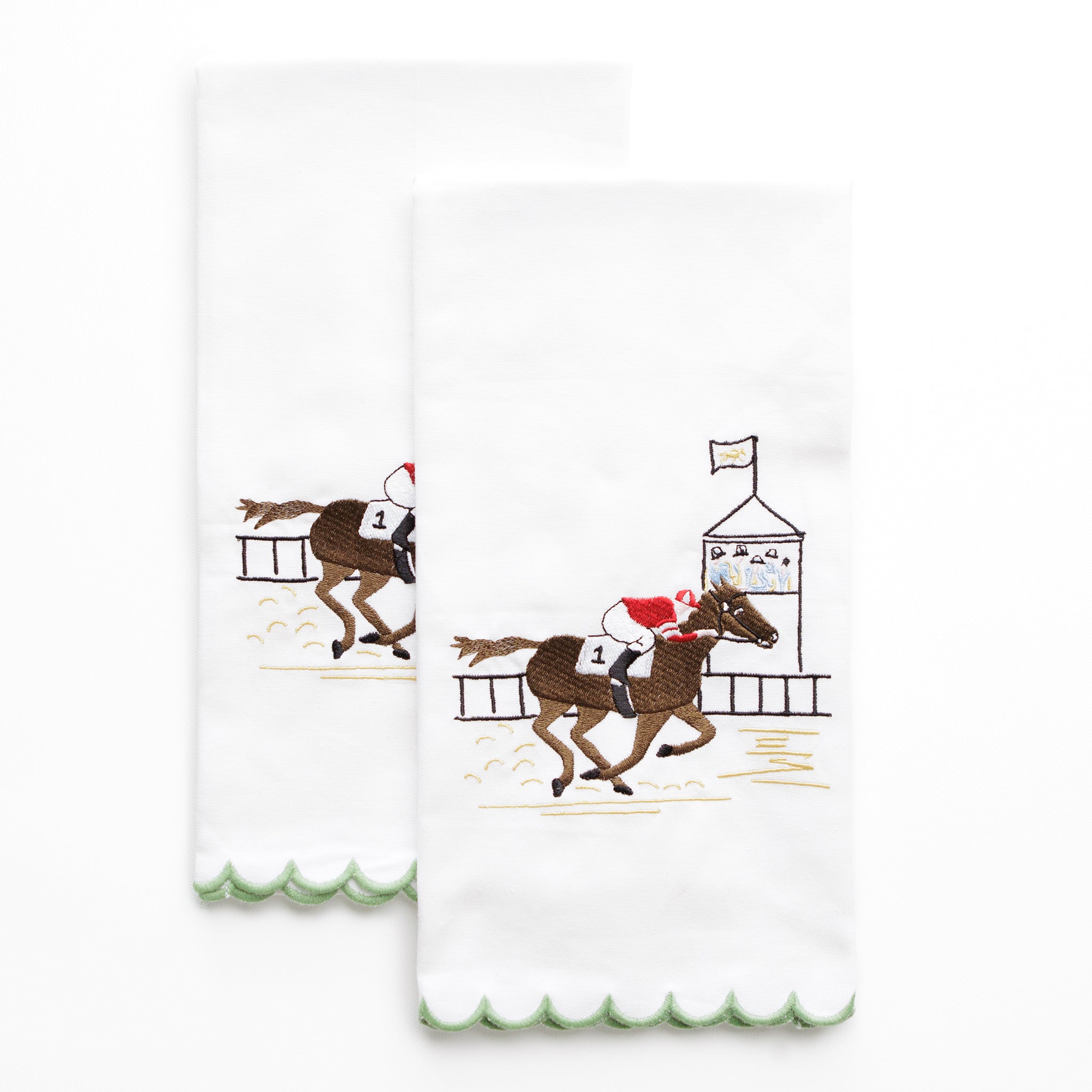 At the Finish Embroidered Equestrian Horse Racing Kitchen Tea Towels with Green Scalloped Edge