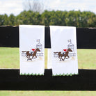 At the Finish Embroidered Equestrian Horse Racing Kitchen Tea Towels with Green Scalloped Edge