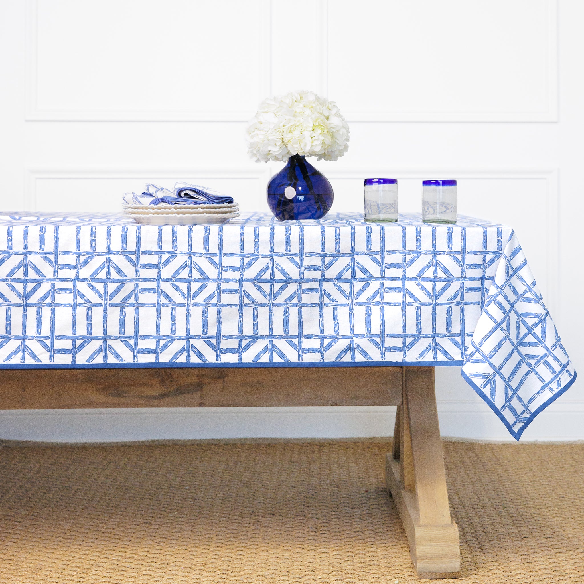 Blue Bamboo Hand Block Printed Geometric Tablecloth