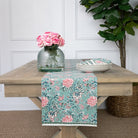 Butterfly Garden Aqua Blue & Pink Hand Block Printed Floral Cotton Canvas Table Runner