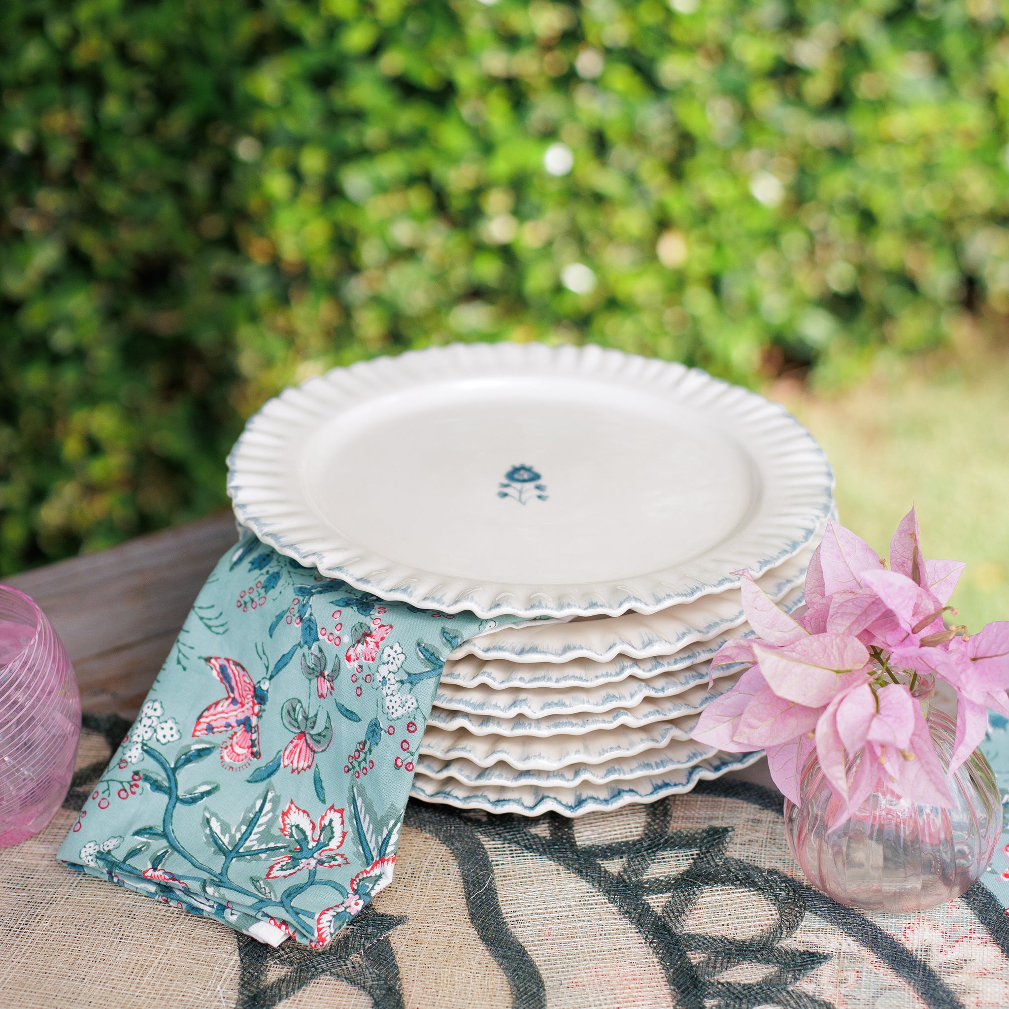 Ruffled Teal Hand Painted Floral Ceramic Dinner Plate
