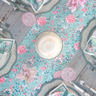 Butterfly Garden Aqua Blue & Pink Hand Block Printed Floral Cotton Canvas Table Runner