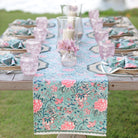 Butterfly Garden Aqua Blue & Pink Hand Block Printed Floral Cotton Canvas Table Runner