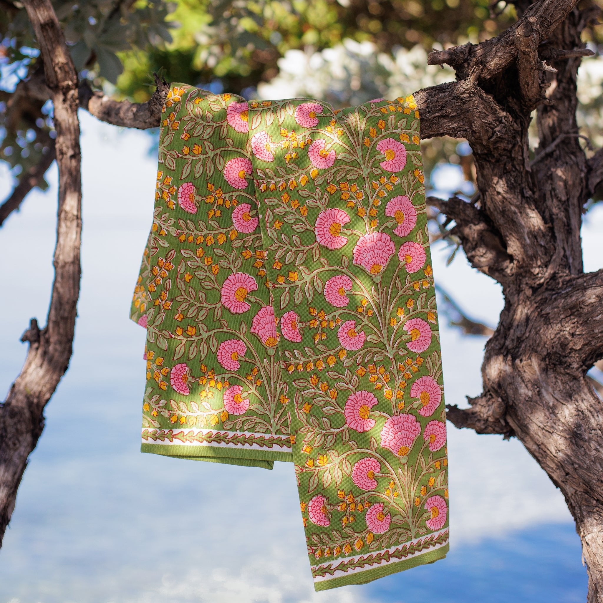 Cactus Flower Fern & Flamingo Green & Pink Floral Hand Block Printed Kitchen Tea Towels