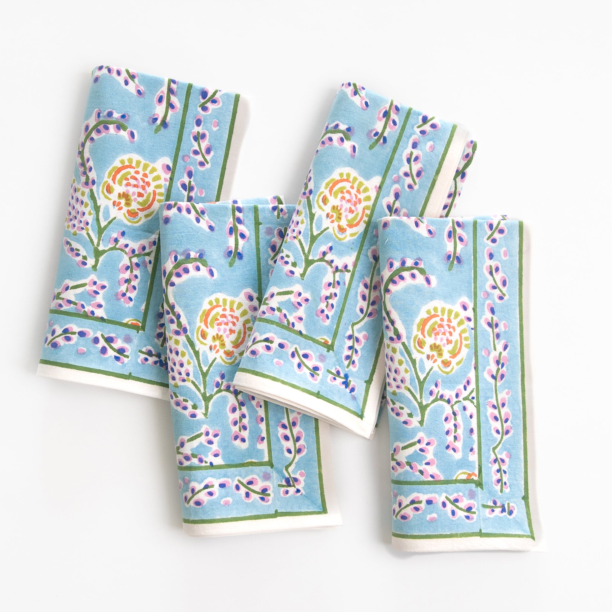 Climbing Dahlia Sky Blue Floral Hand Block Printed Cotton Napkins on a white background