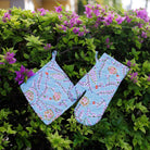 Climbing Dahlia Sky Blue Floral Hand Block Printed Oven Mitt & Pot Holder Set