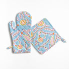 Climbing Dahlia Sky Blue Floral Hand Block Printed Oven Mitt & Pot Holder Set