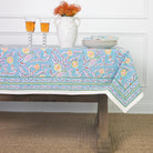 Climbing Dahlia Sky Blue Floral Hand Block Printed Cotton Tablecloth