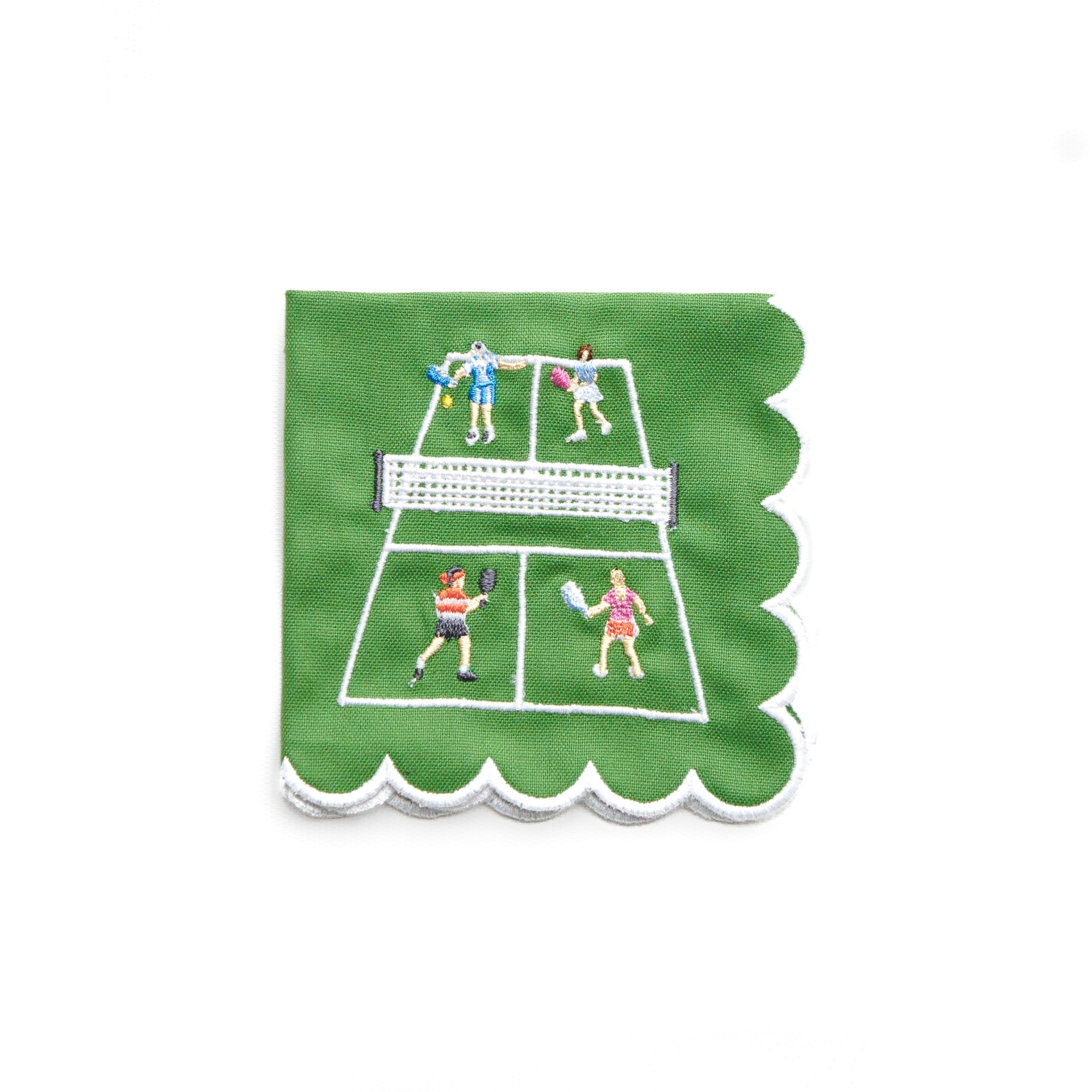Green cocktail napkin with a pickleball design on a white background