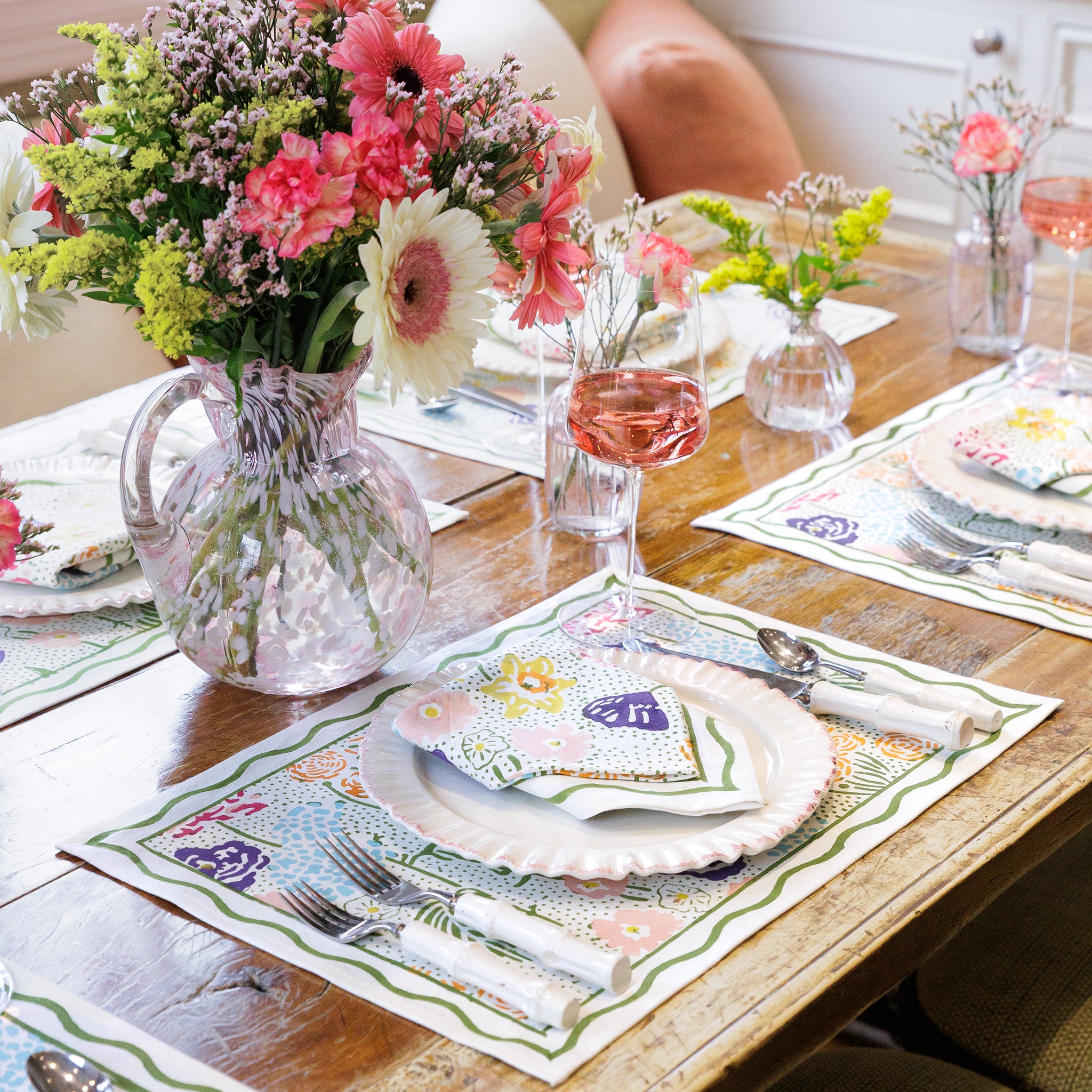 Festive Garden Colorful Hand Block Printed Floral Cotton Canvas Placemats