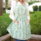 Hand block printed green & white floral apron with pockets and adjustable straps