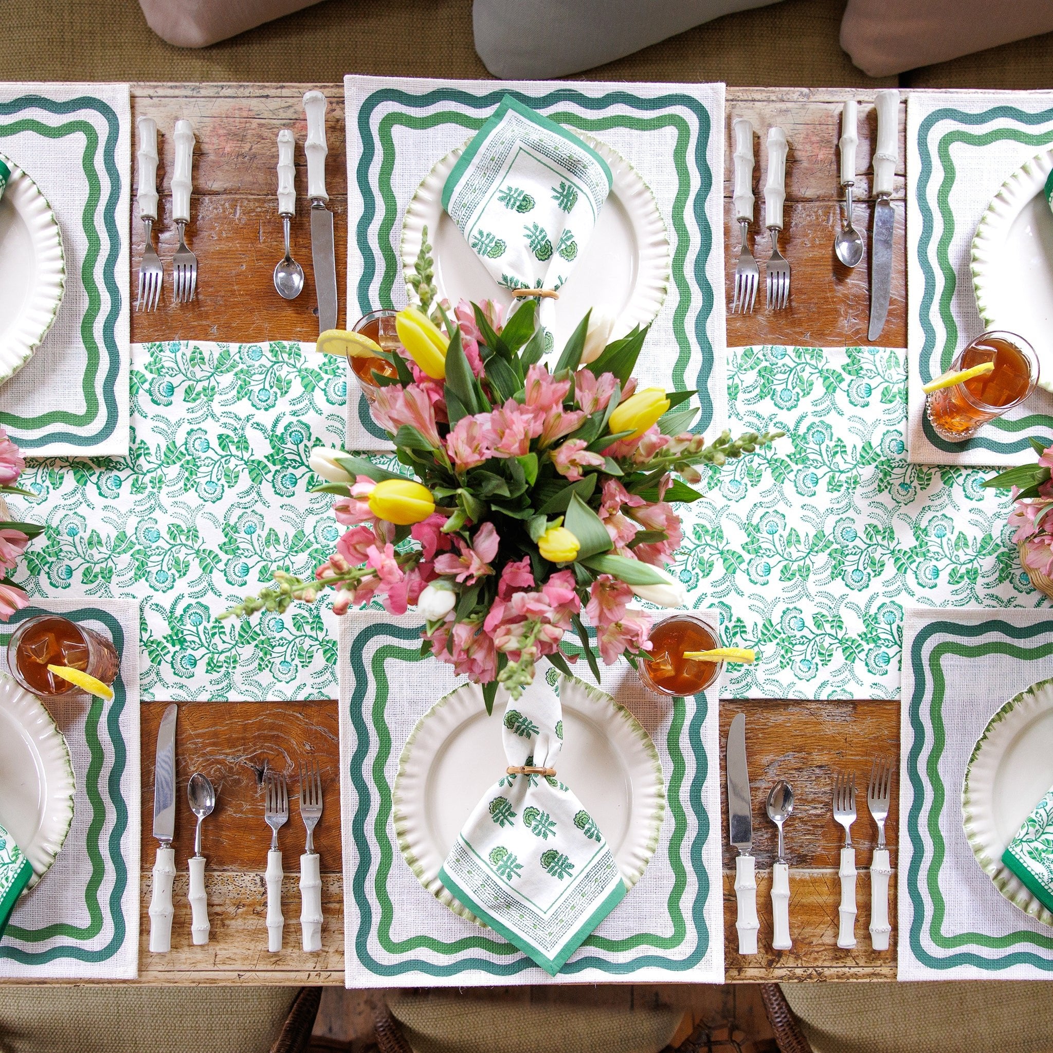 Hand block printed green & white floral table runner