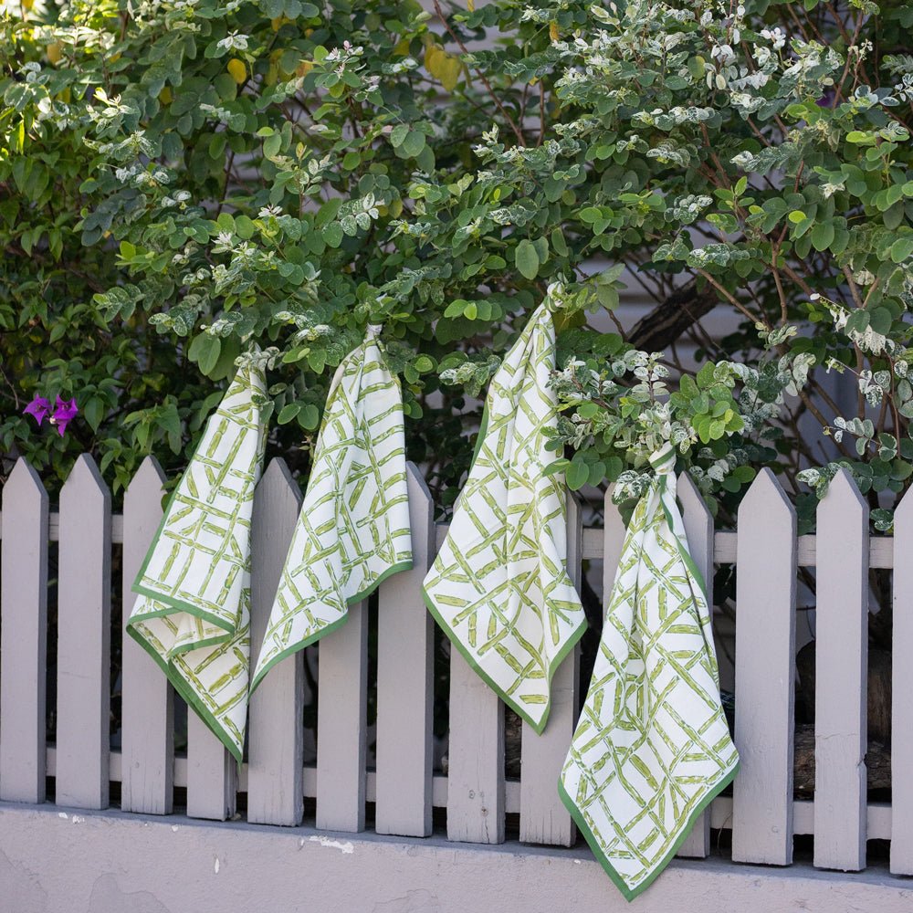Green Bamboo Hand Block Printed Geometric Cotton Napkins