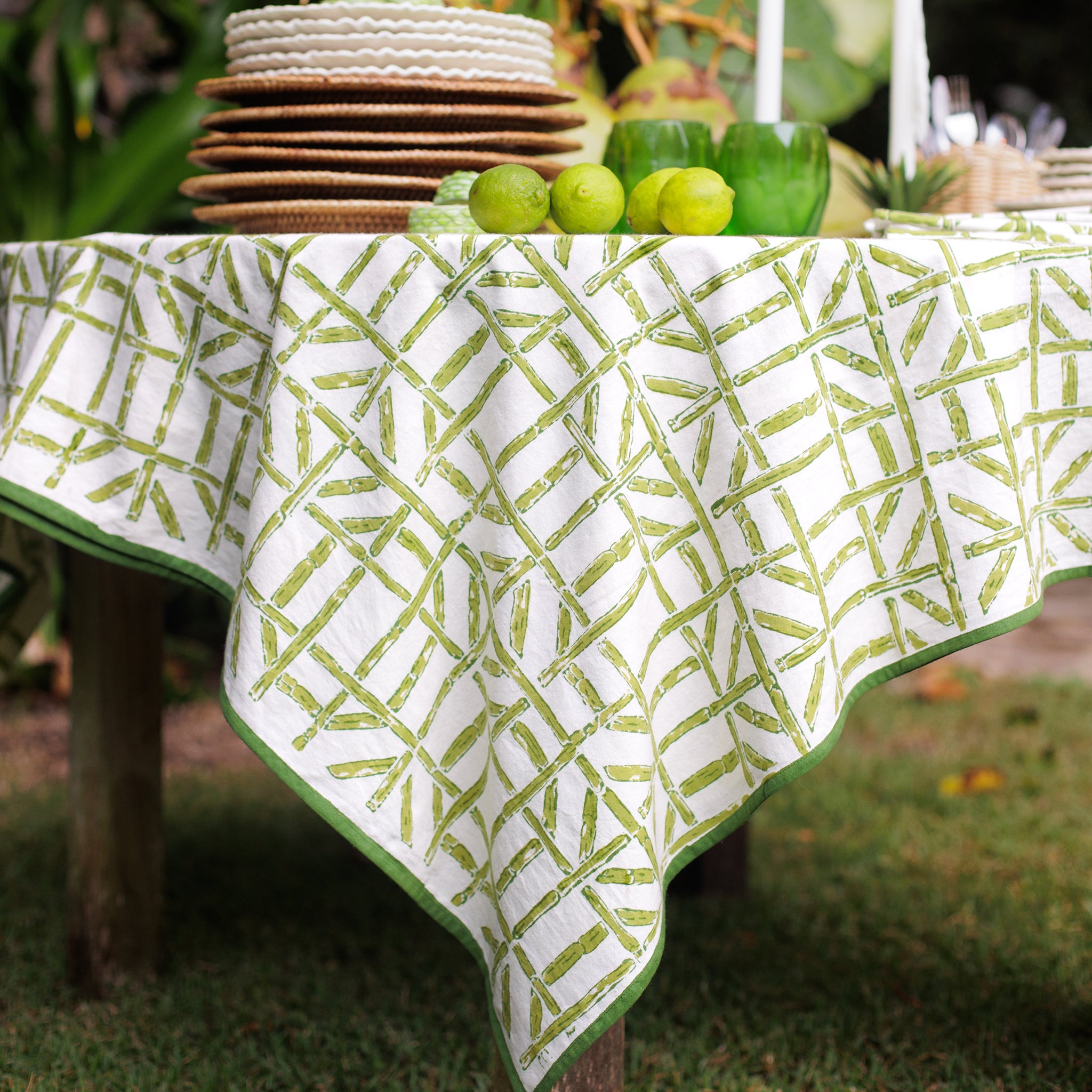 Green Bamboo Hand Block Printed Geometric Cotton Tablecloth