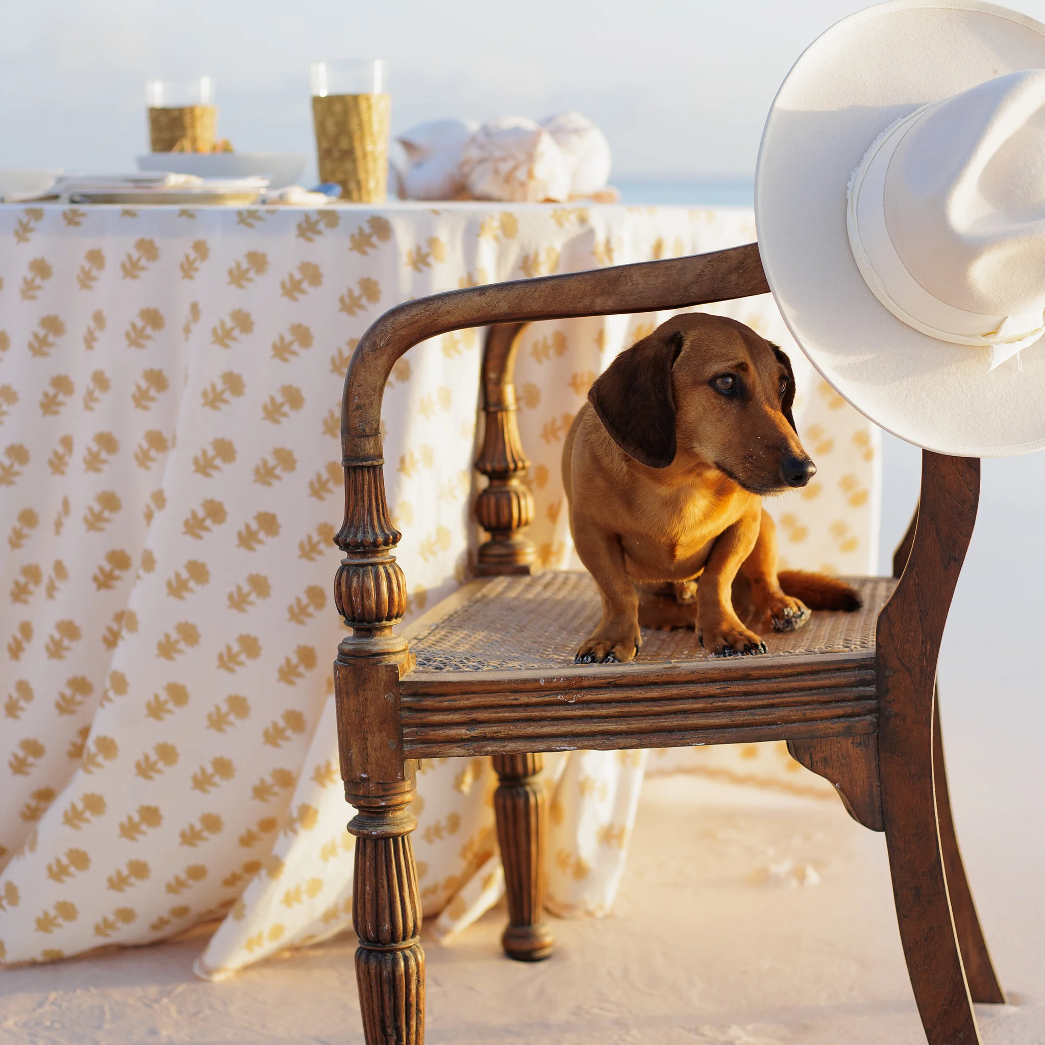 India Hicks Home x Pomegranate Winter Flower Sand Beige & White Hand Block Printed Tablecloth