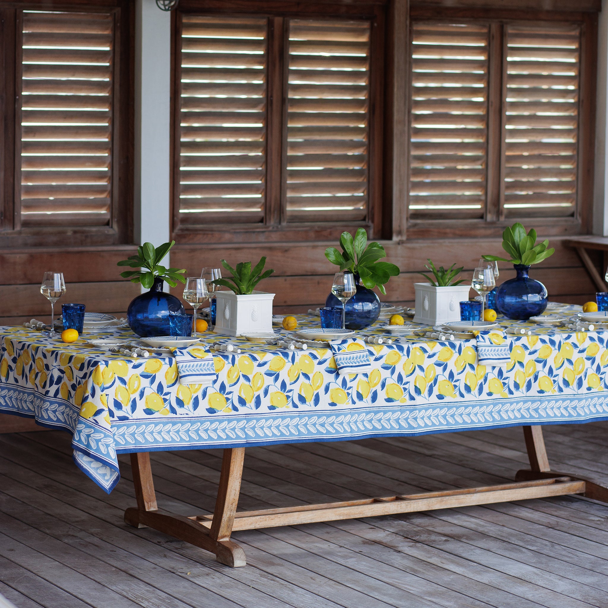 Navy Blue & Yellow Lemon Hand Block Printed Cotton Tablecloth
