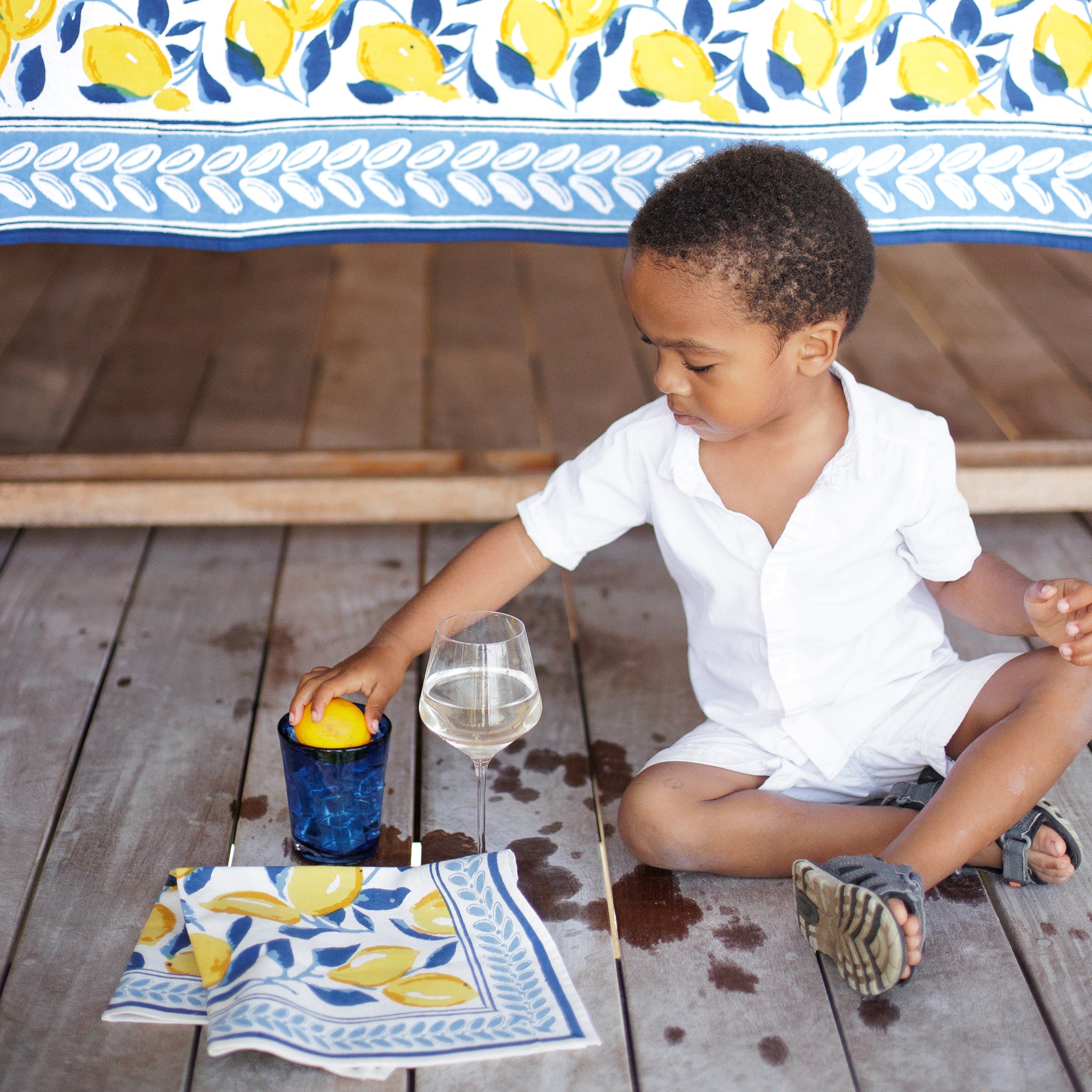 Navy Blue & Yellow Lemon Hand Block Printed Cotton Napkins