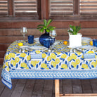 Navy Blue & Yellow Lemon Hand Block Printed Cotton Tablecloth