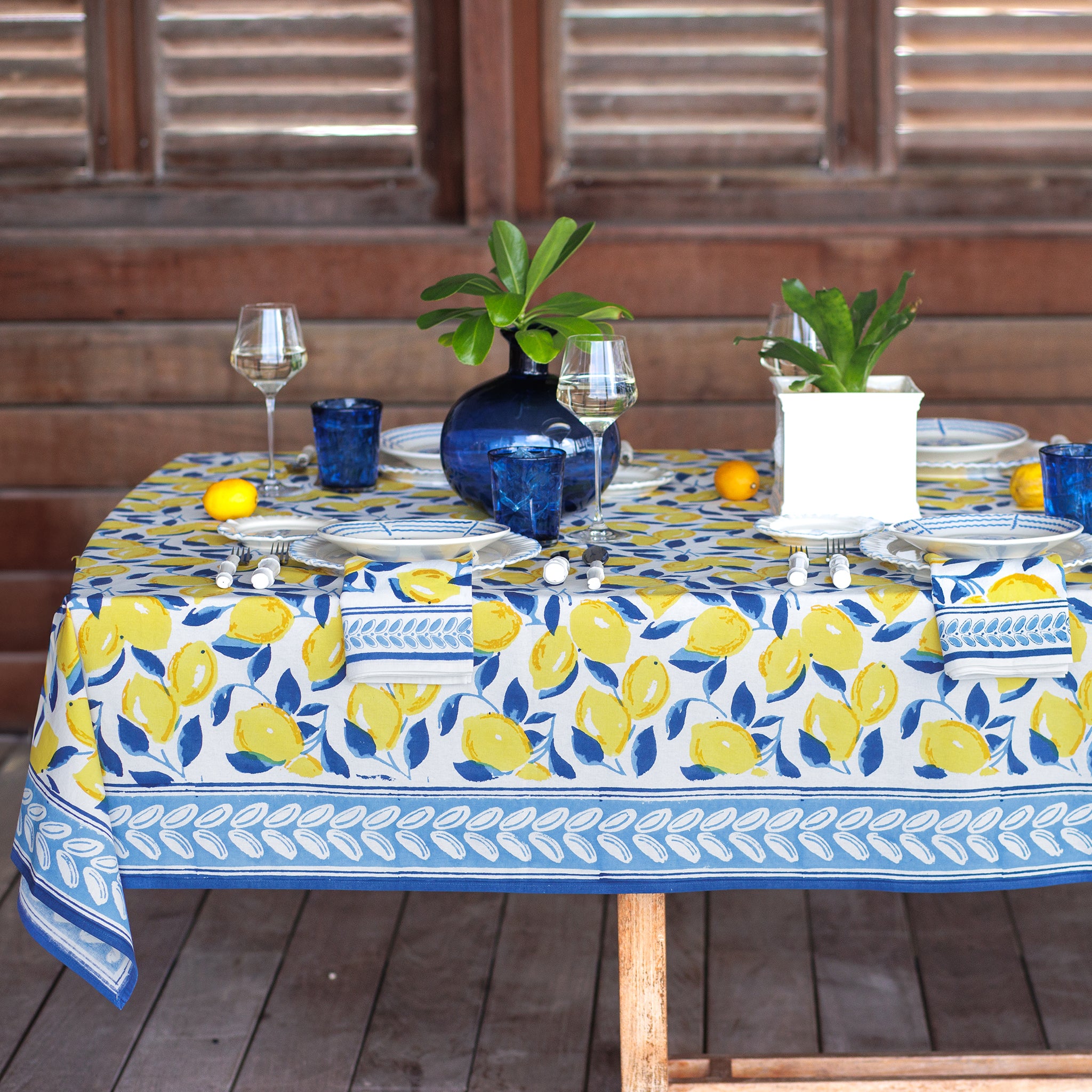 Navy Blue & Yellow Lemon Hand Block Printed Cotton Tablecloth