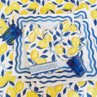 Navy blue and yellow lemon printed pot holder and oven mitt set.