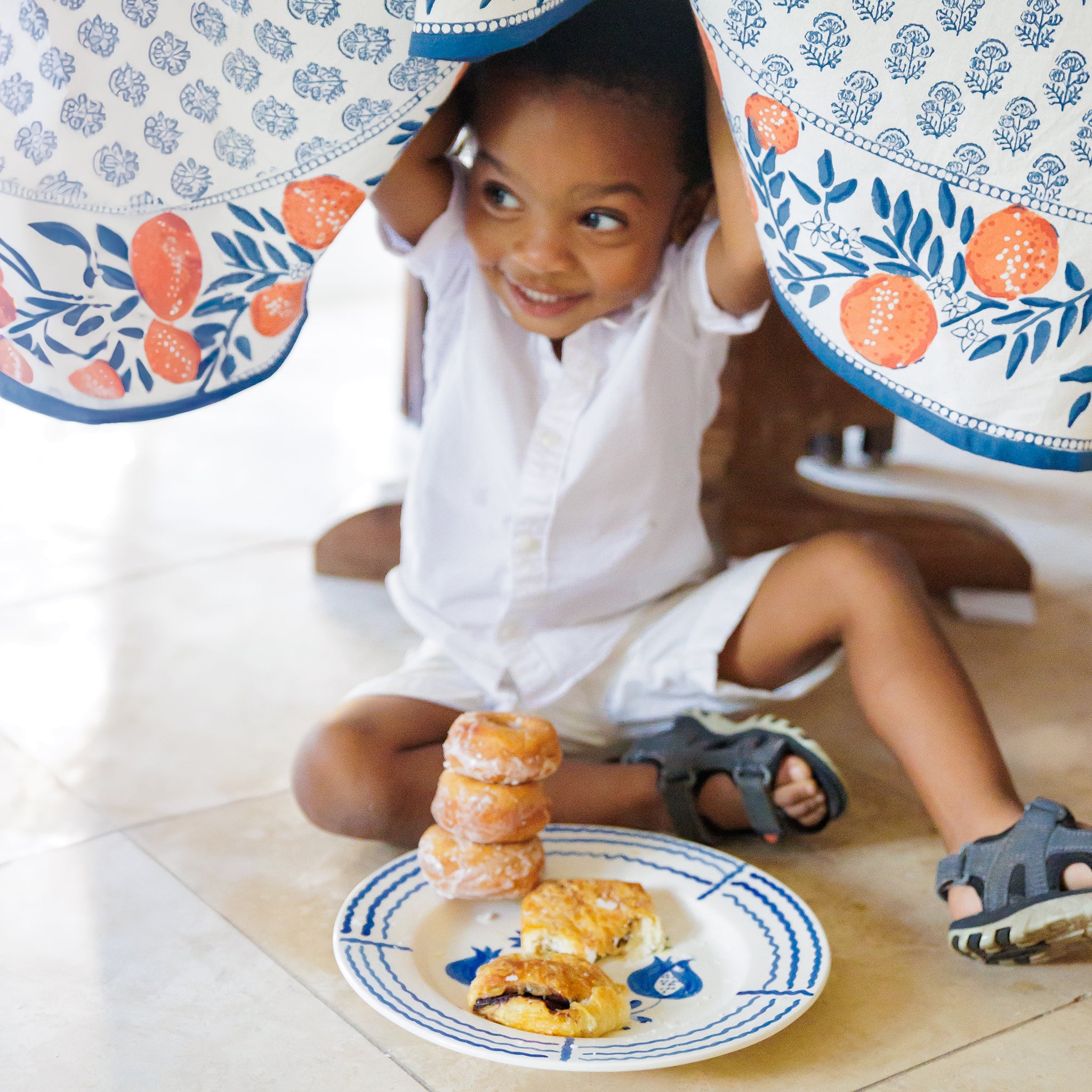 Orange, Blue & White Citrus and Floral Hand Block Printed Cotton Tablecloth