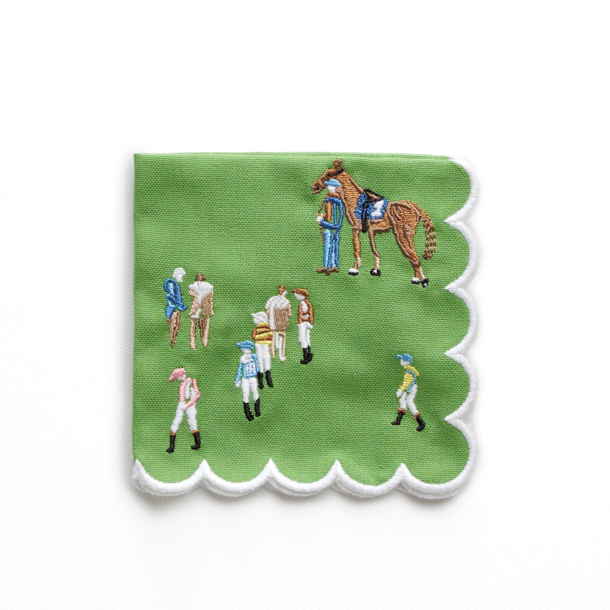 Paddock & Jockeys Equestrian Horse Racing Embroidered Green Cocktail Napkin with Scalloped Edge