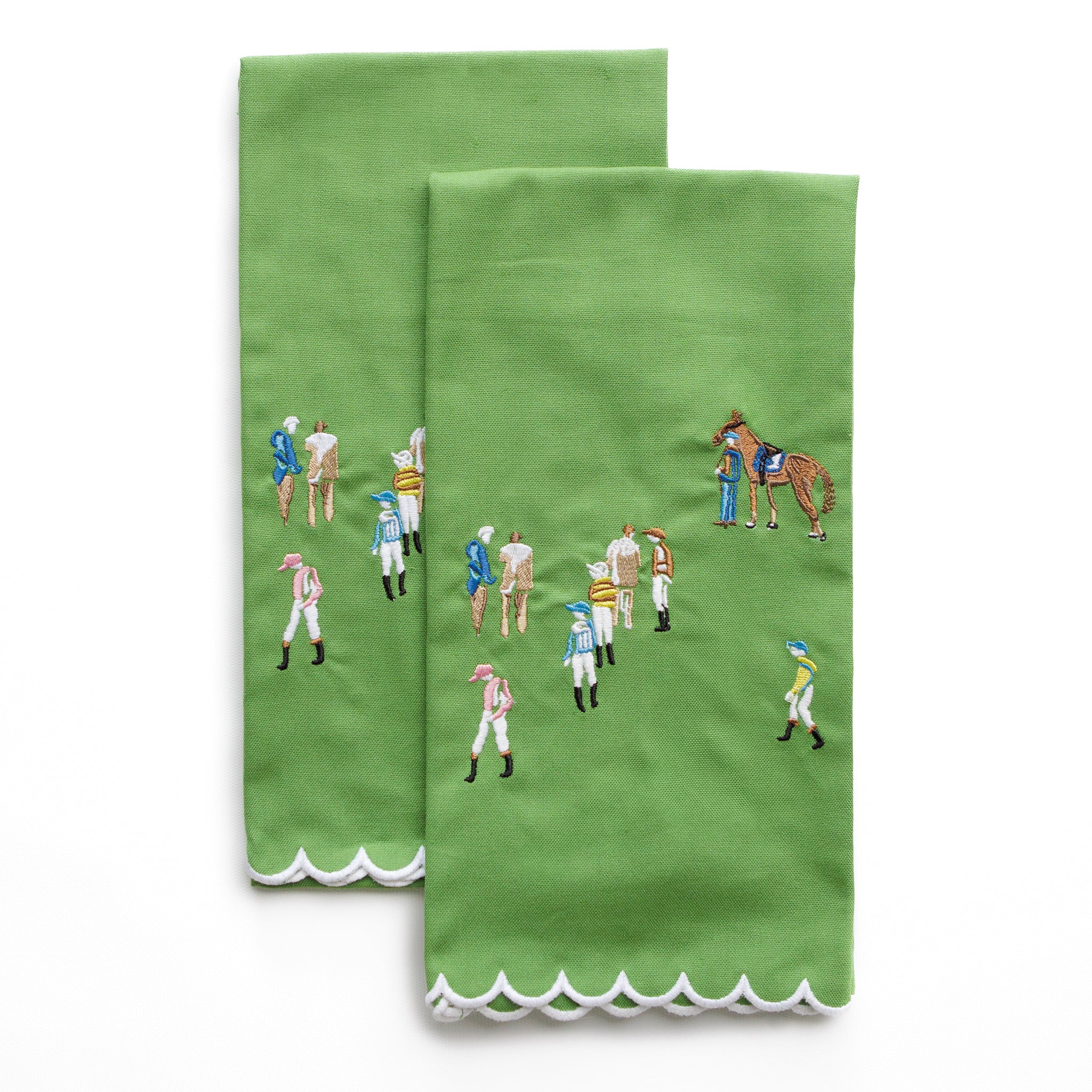 Paddock & Jockeys Equestrian Horse Racing Embroidered Green Kitchen Tea Towels with Scalloped Edge