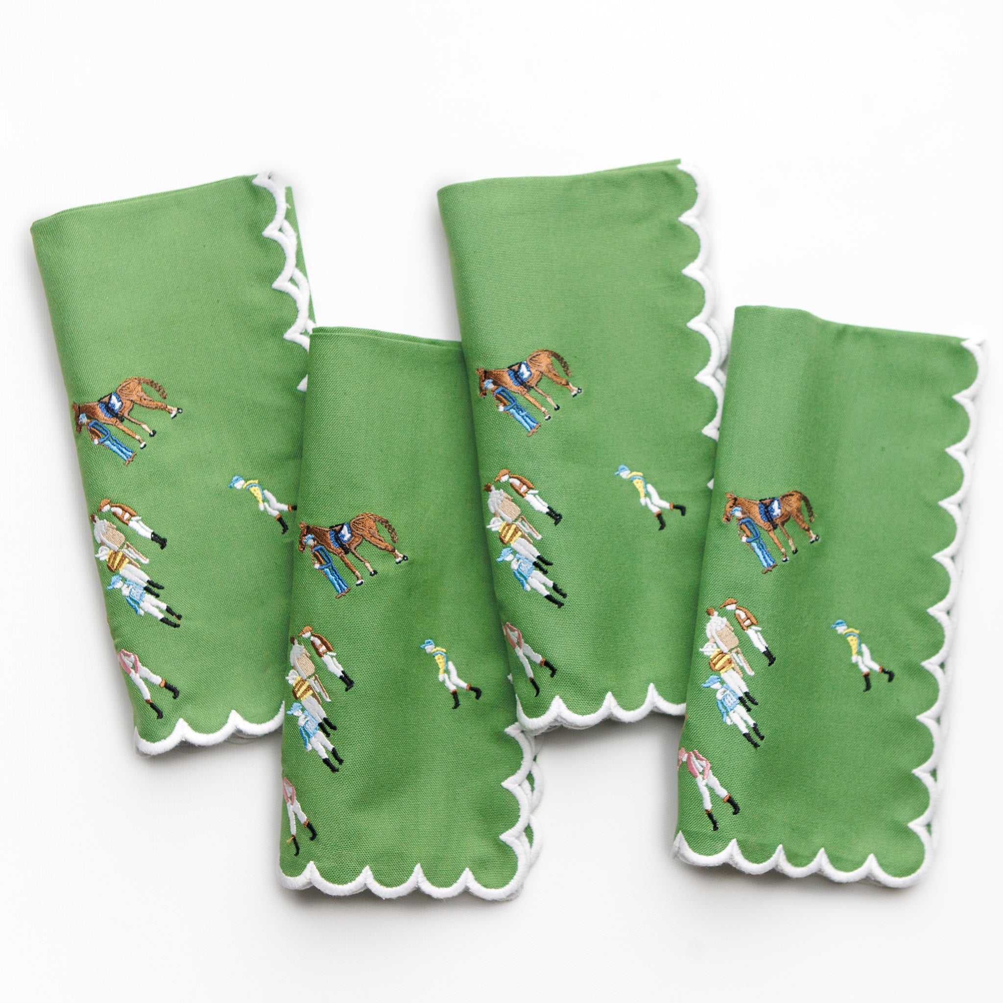 Paddock & Jockeys Equestrian Horse Racing Embroidered Green Cloth Napkins with Scalloped Edge
