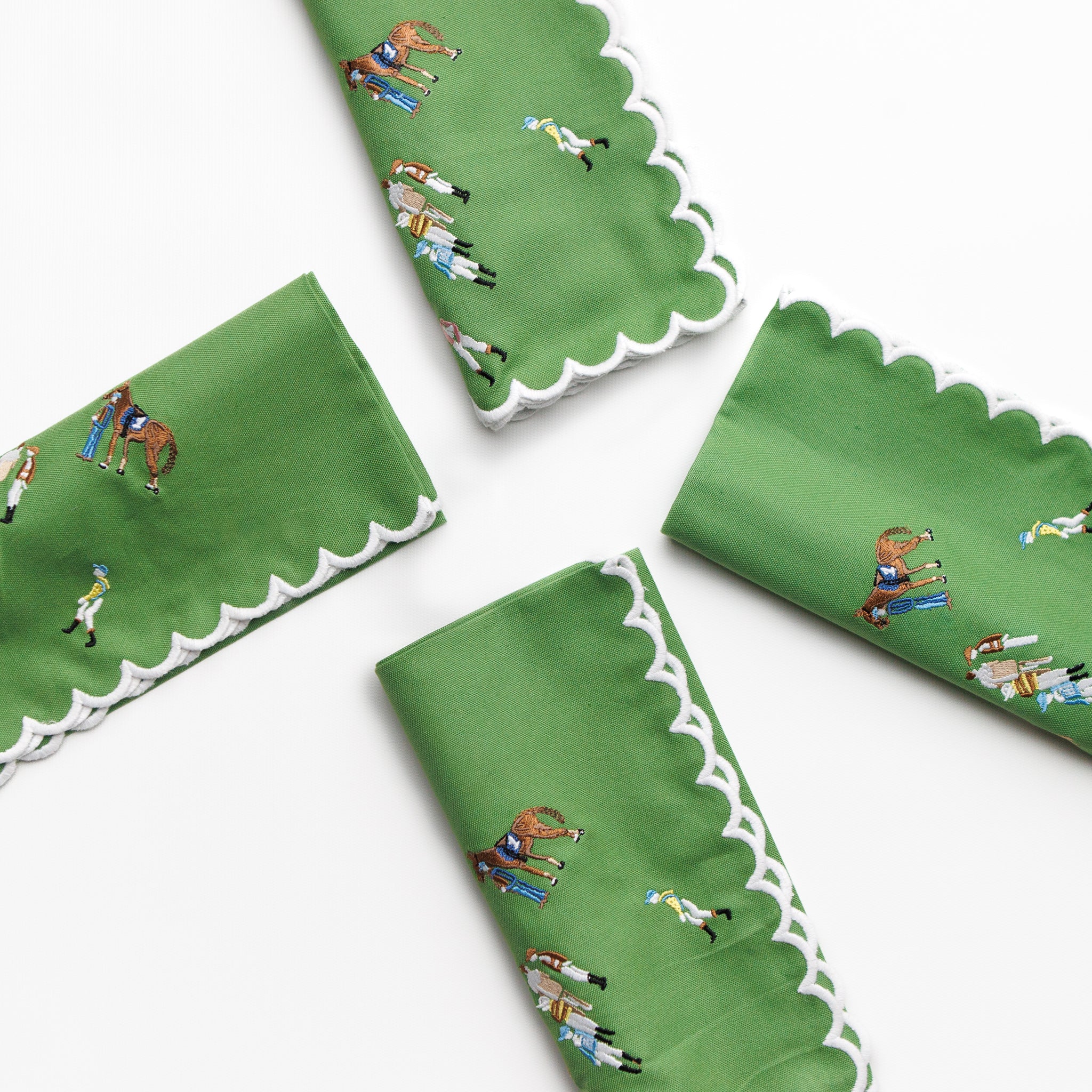 Paddock & Jockeys Equestrian Horse Racing Embroidered Green Cloth Napkins with Scalloped Edge
