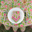 Green & pink botanical pinecone hand block printed cotton napkins and tablecloth