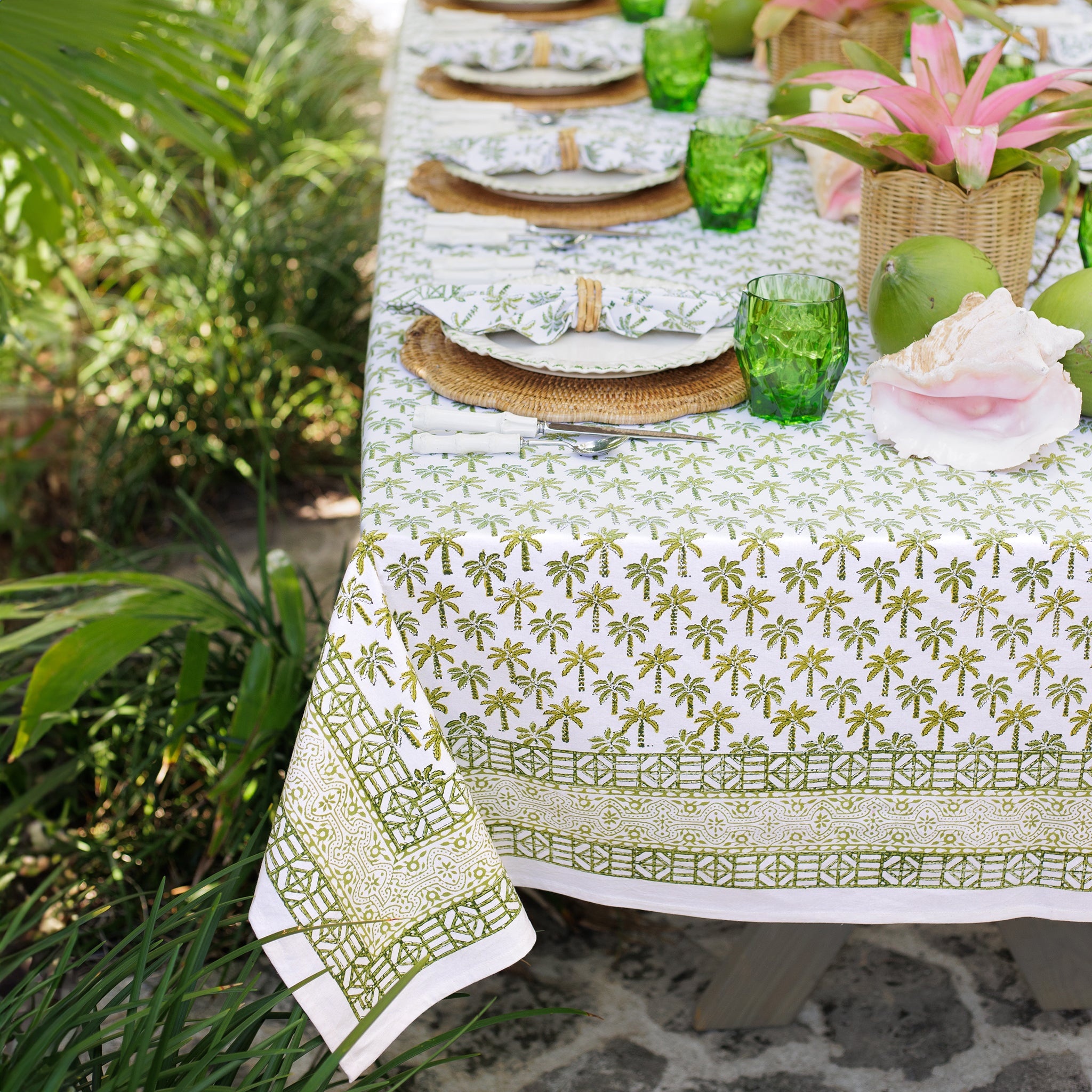 Palm Tree Green Hand Block Printed Cotton Tablecloth