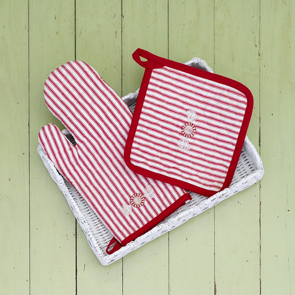 Embroidered peppermint red & white stripe oven mitt and pot holder set