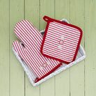 Embroidered peppermint red & white stripe oven mitt and pot holder set