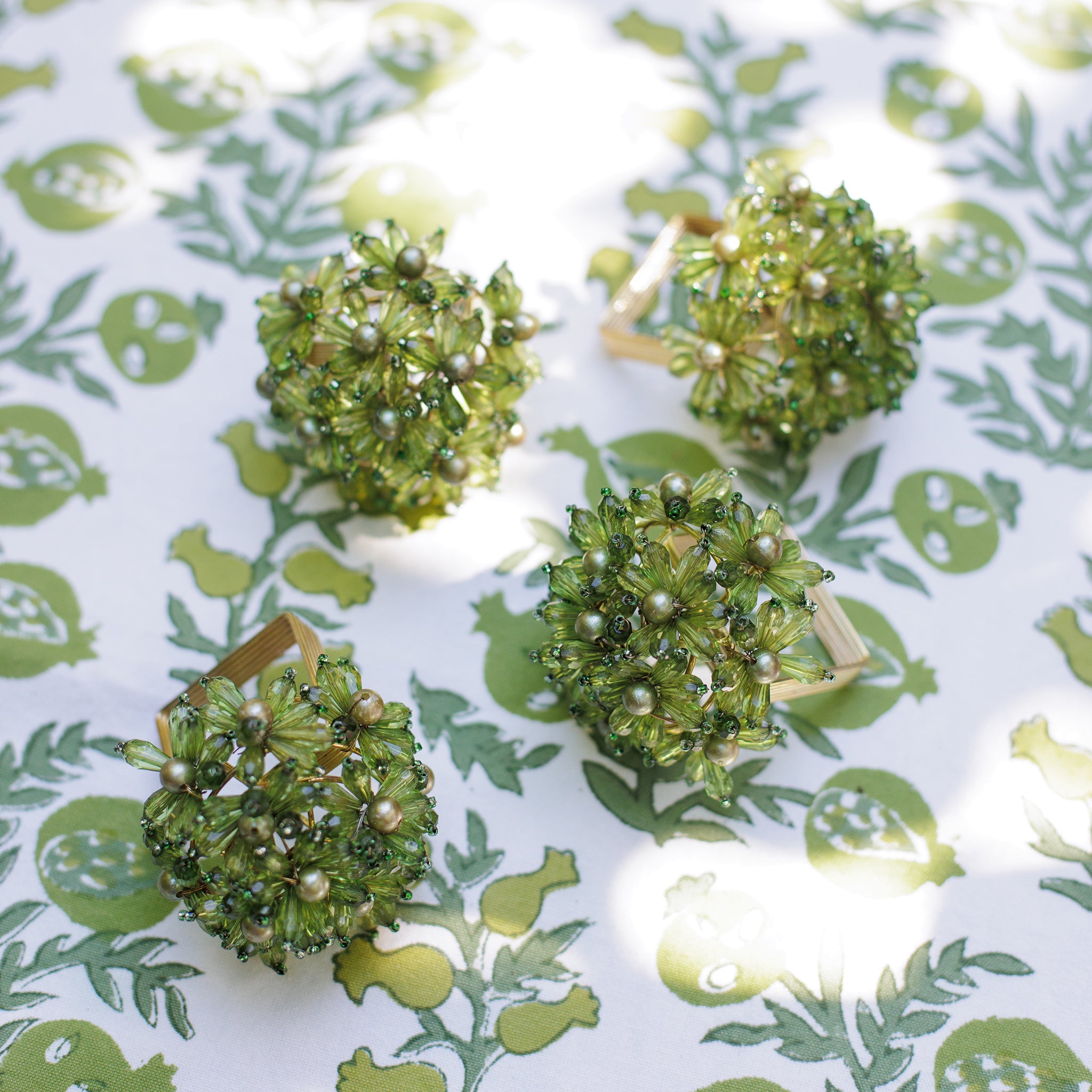 Green and Gold Floral Beaded Napkin Rings