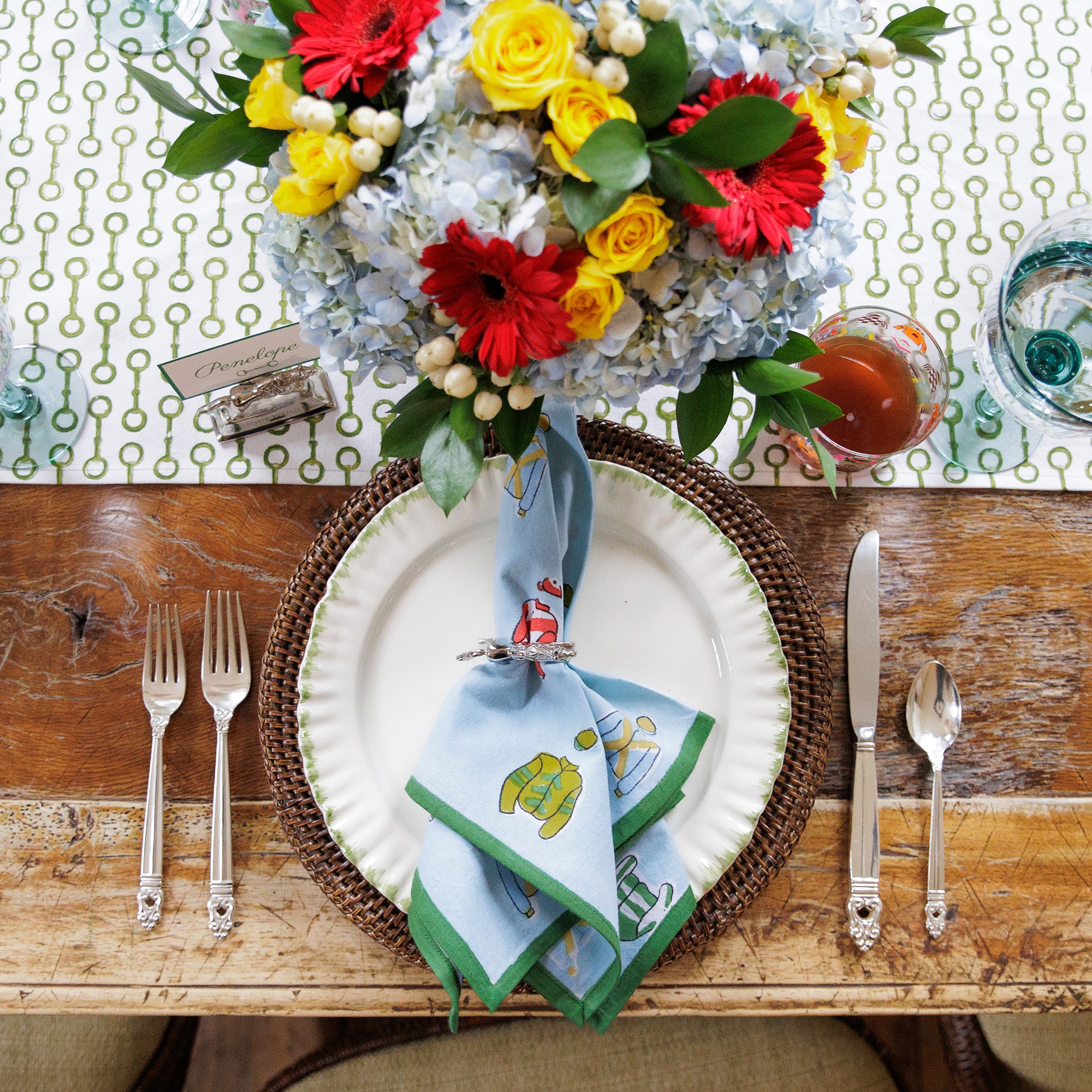Pony Club Green and White Equestrian Table Runner with Hand Block Printed Snaffle Pattern