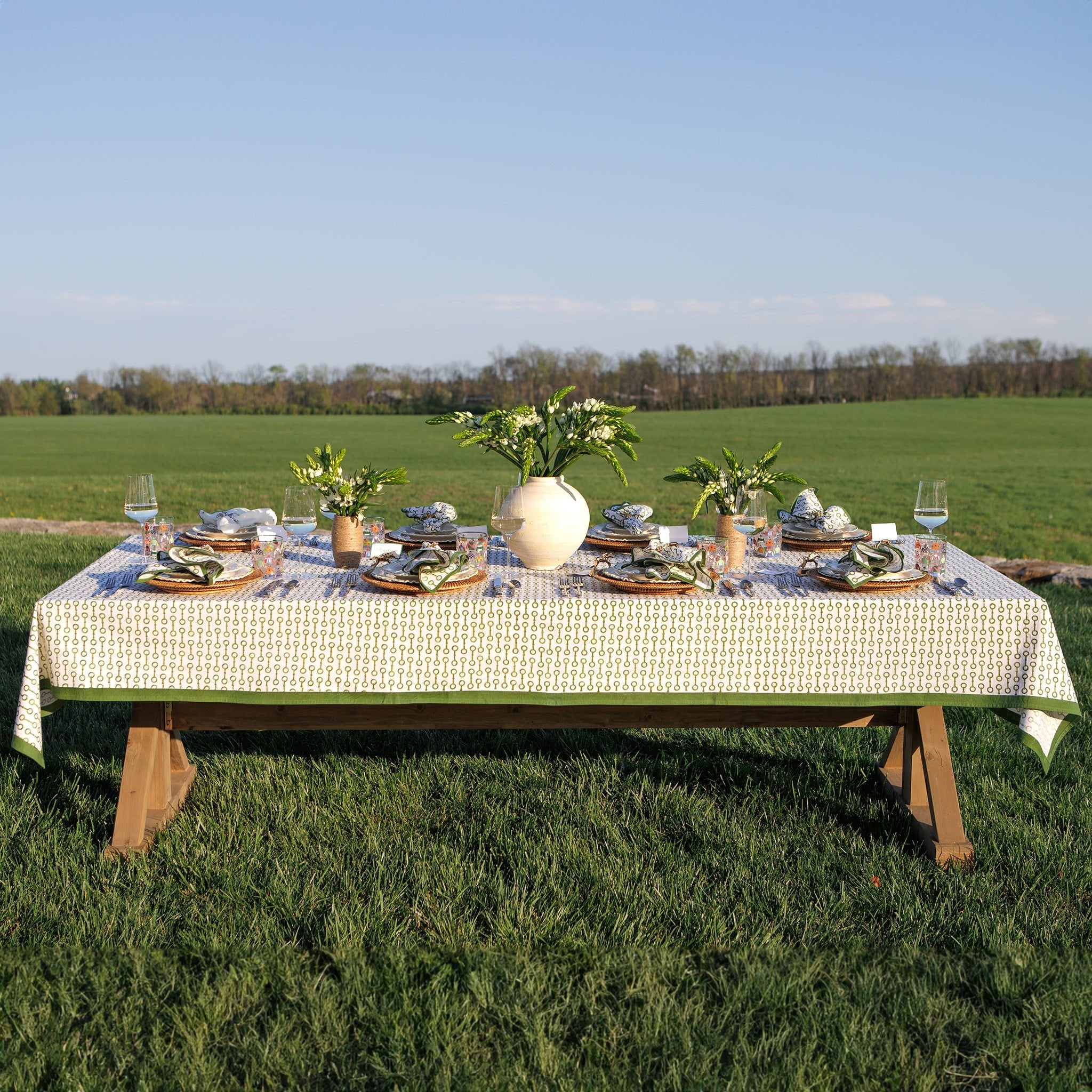 Pony Club Green and White Equestrian Cotton Tablecloth with Hand Block Printed Snaffle Pattern