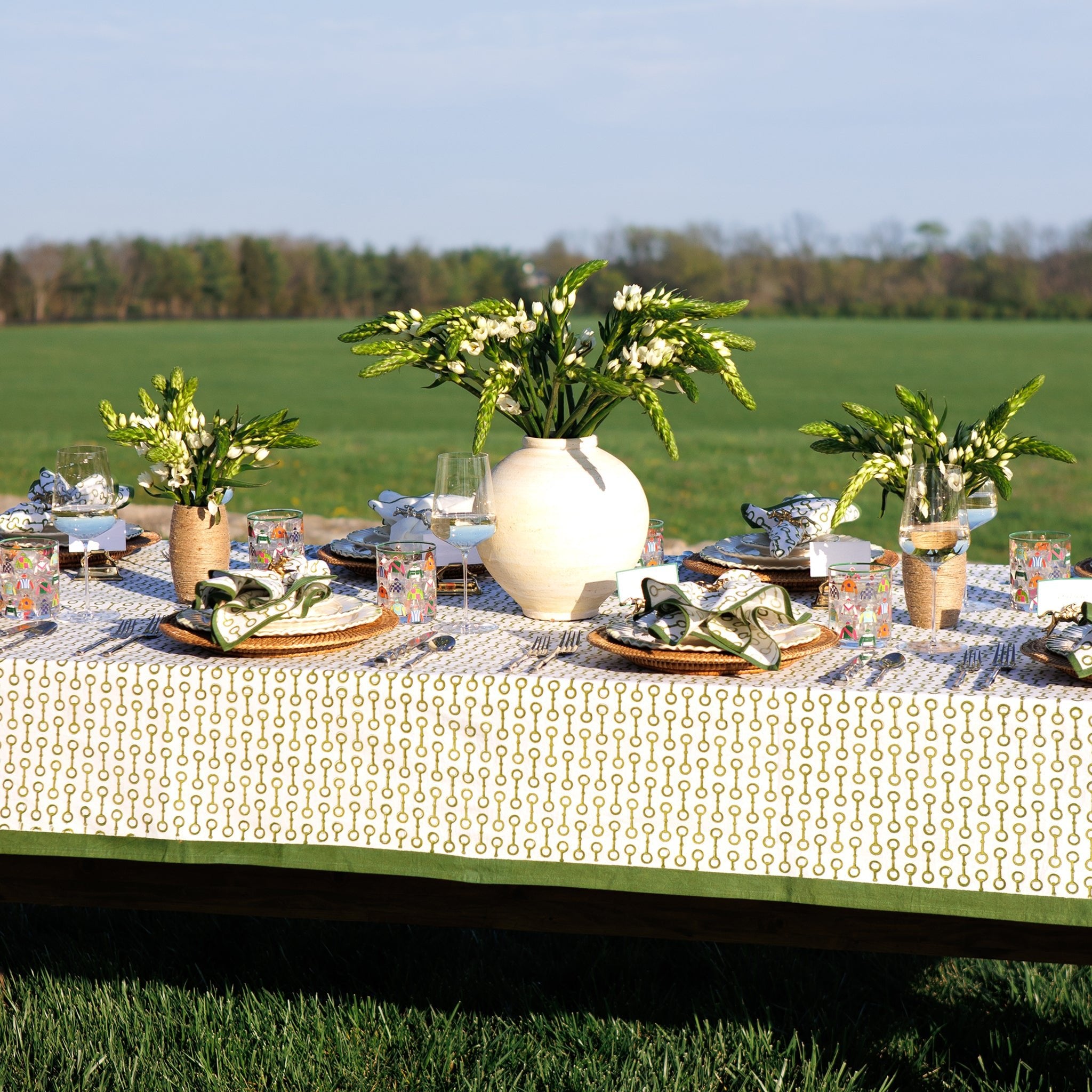 Pony Club Green and White Equestrian Cotton Tablecloth with Hand Block Printed Snaffle Pattern