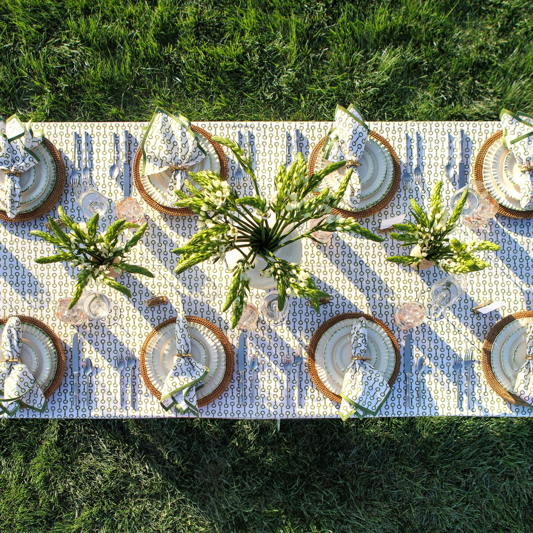 Pony Club Green and White Equestrian Cotton Tablecloth with Hand Block Printed Snaffle Pattern