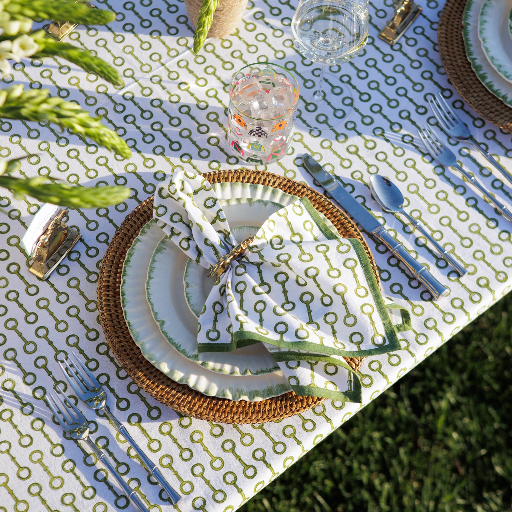 Pony Club Green and White Equestrian Cotton Napkins with Hand Block Printed Snaffle Pattern