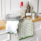 Pony Club Green and White Equestrian Kitchen Tea Towels with Hand Block Printed Snaffle Pattern