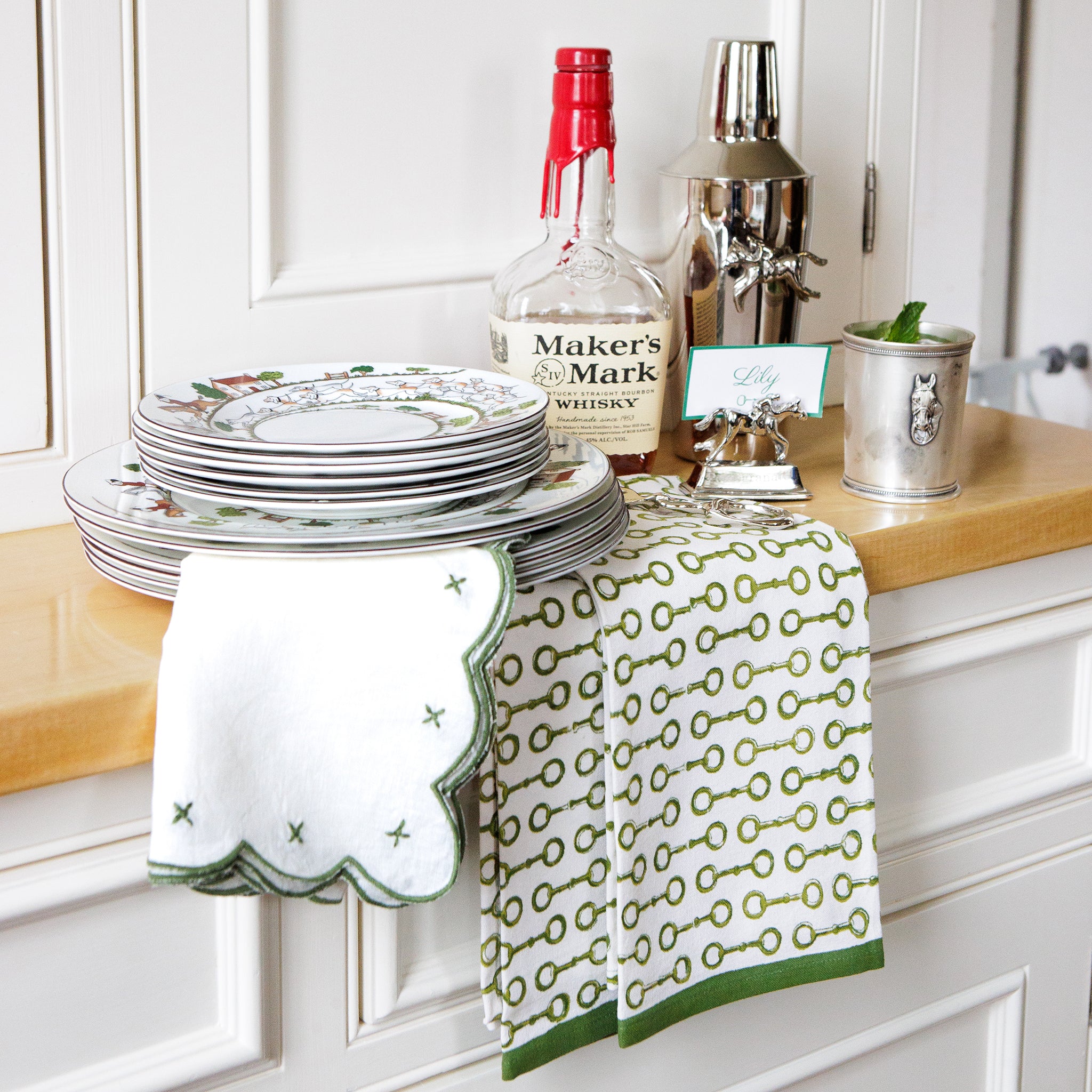 Pony Club Green and White Equestrian Kitchen Tea Towels with Hand Block Printed Snaffle Pattern