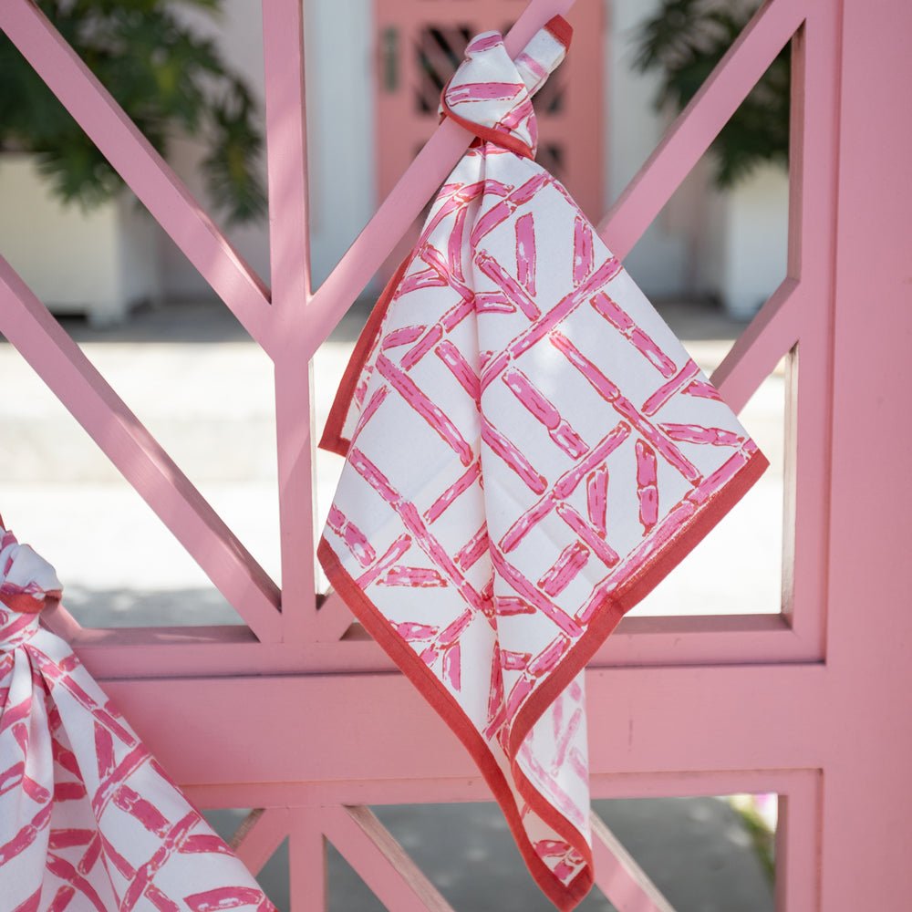 Rose Bamboo Pink & White Hand Block Printed Cotton Napkins