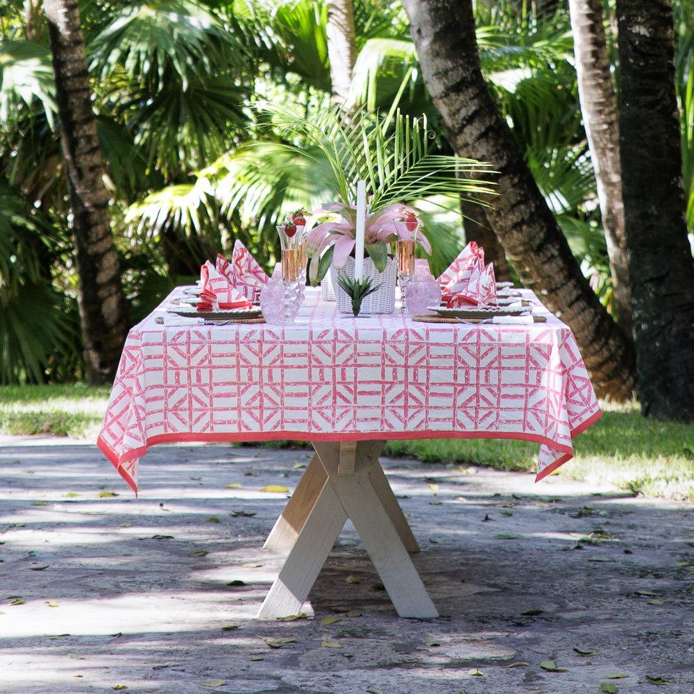 Rose Bamboo Pink & White Hand Block Printed Tablecloth