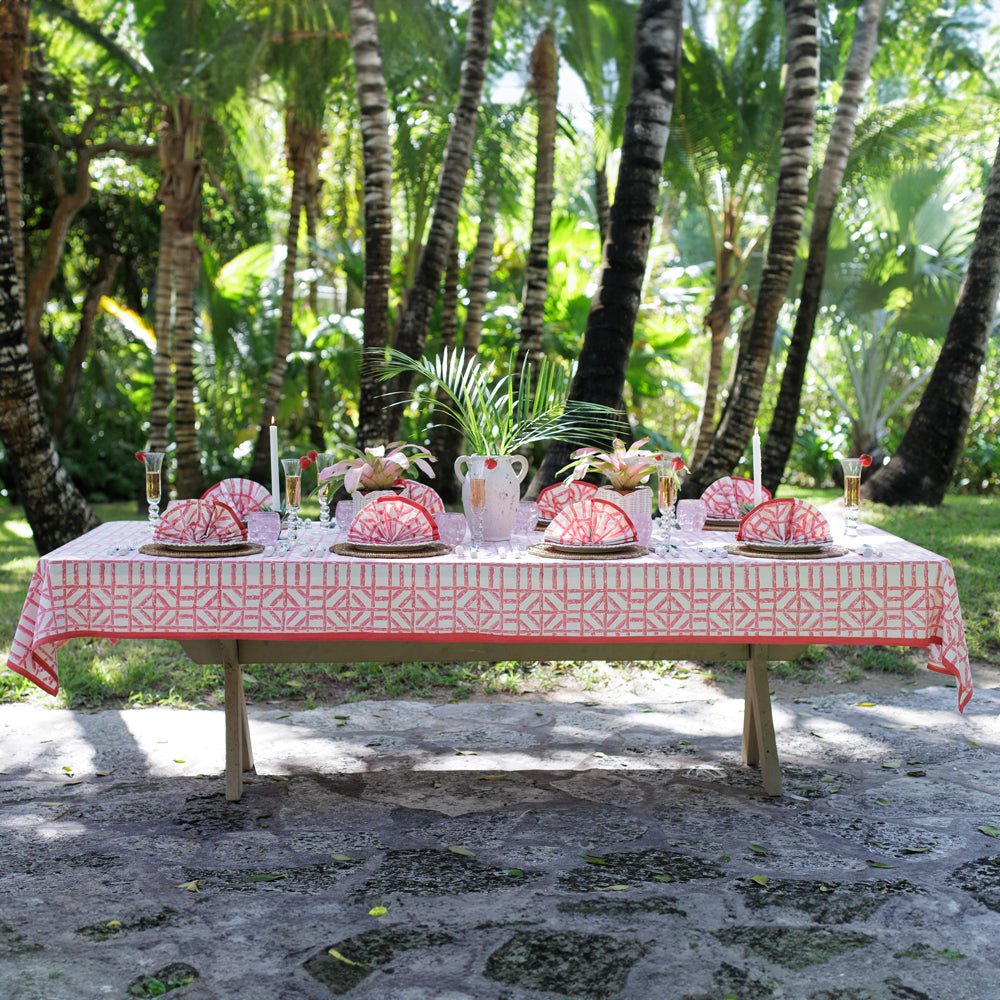 Rose Bamboo Pink & White Hand Block Printed Tablecloth