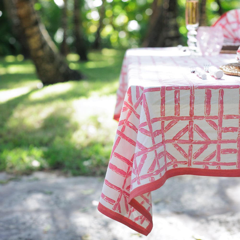 Rose Bamboo Pink & White Hand Block Printed Tablecloth