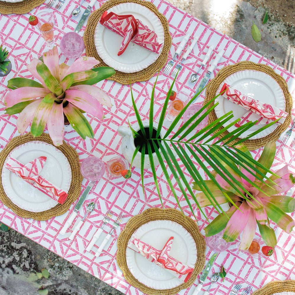 Rose Bamboo Pink & White Hand Block Printed Tablecloth
