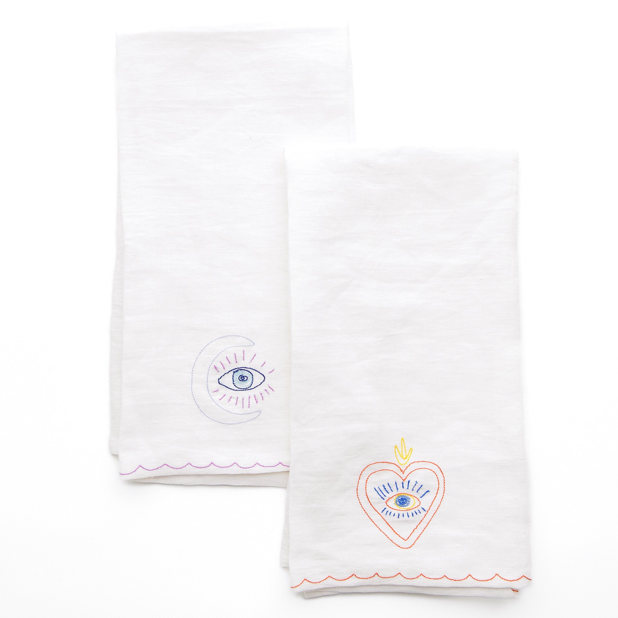 Sacred Heart and Crescent Moon Embroidered Linen Kitchen Tea Towels